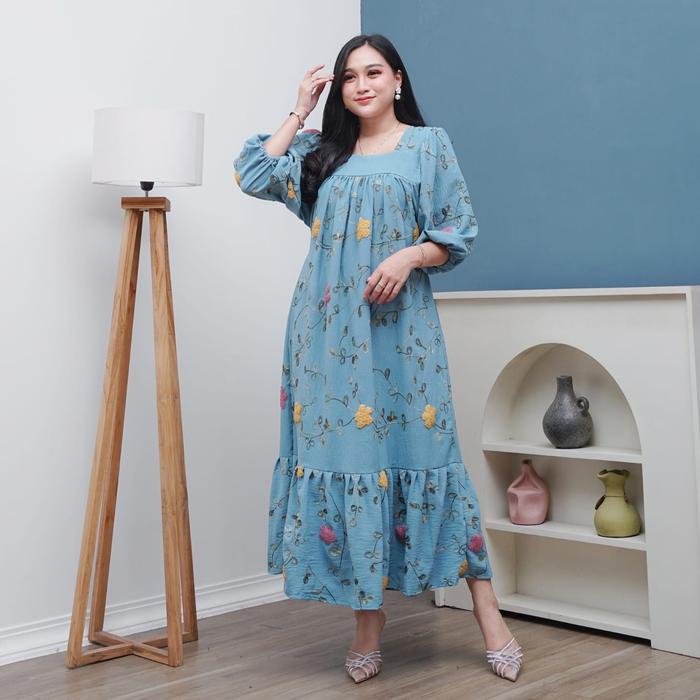 Dress Crinkle Airflow Pompom/Daster Crinkle Bordir Kekinian Midi Lembut Nyaman
