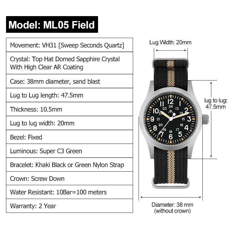 Militado ML05 Vintage Watch VH31 Sweep Second Movement Domed Sapphire Crystal With High Clear