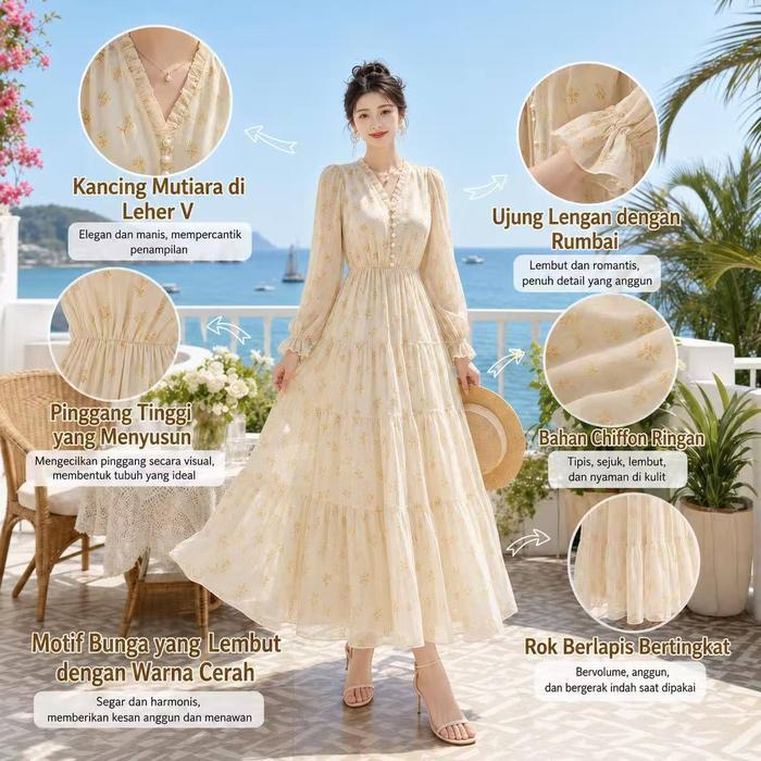 Yiya You Mall-Gaun Chiffon Bunga Cream Leher V Pinggang Ramping Ruffle K007 Pasti Promo