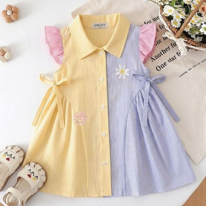 OWLET Stella anak Dress Anak Perempuan Motif Katun Salur dengan Bordir - L Stella - Dress anak perem