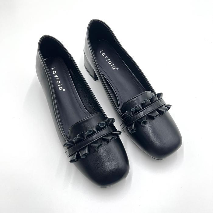 Laviola 5152 FFK Sepatu Pantofel Wanita Hak Kotak Tinggi 4 cm Hitam Bahan PU Sintetis Ukuran 36-40 S