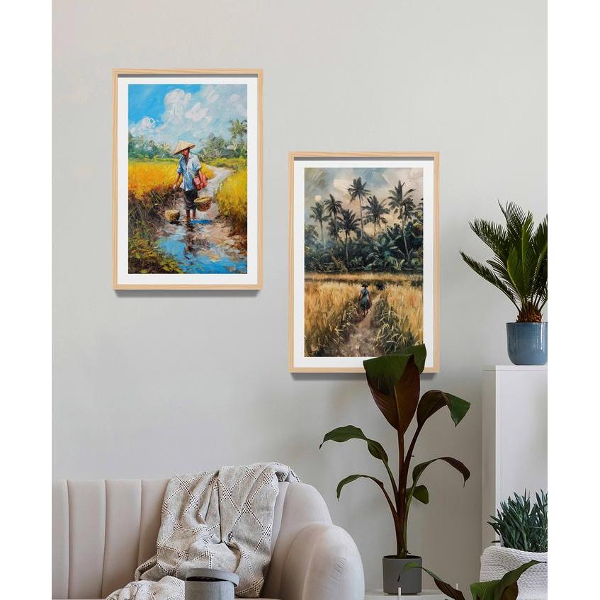 MURAH Lukisan Pemandangan Alam Sawah Bali, Bali Nature and Culture Art Print, Lukisan Petani dan