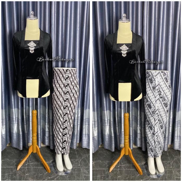 Setelan Kebaya Kutu Baru Bludru Hitam + Jarik Plisket - Bahan Tebal Dan Adem Pasti Promo