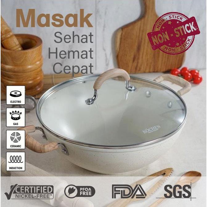HEMAT Kochen Panci Wajan Penggorengan Wokpan 28cm Granit Free Tutup Anti Lengket Non-Stick cream