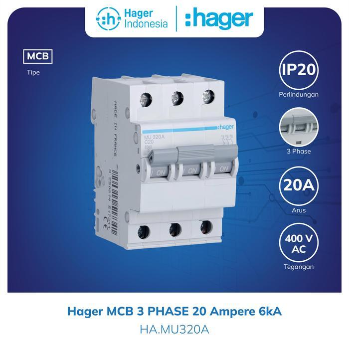 Hager Mcb 3 Phase 20A 3P 20 Ampere 3 Pole 6Ka Mu320A