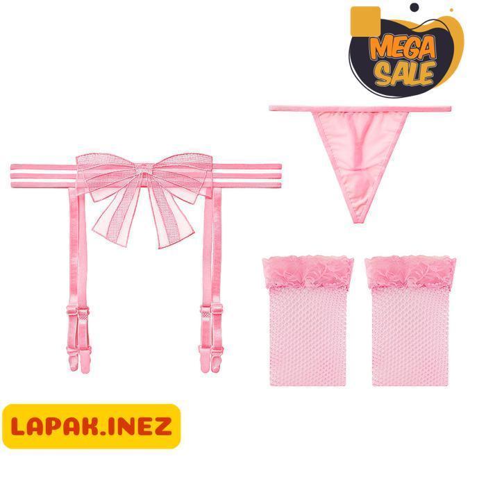 Set Lingerie Renda Transparan Garter Belt dan G String Wanita