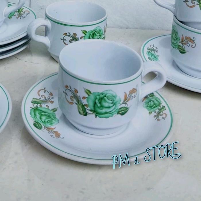 Set cangkir dan Tatakan bahan Keramik Motif Bunga/ 6 Gelas dan 6 Tatakan Gelas Teh Kopi motif bunga