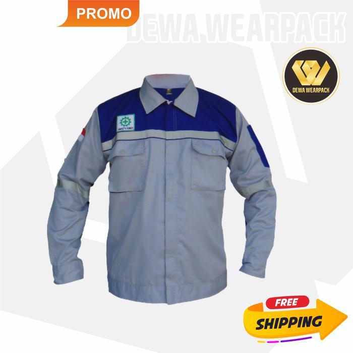 WEARPACK SAFETY KEMEJA ATASAN WARNA ABU MUDA KOMBINASI BIRU