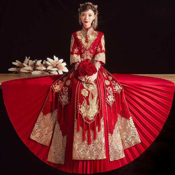 Gaun Cheongsam Wanita Ukuran Besar Warna Merah Gold untuk Acara Sangjit