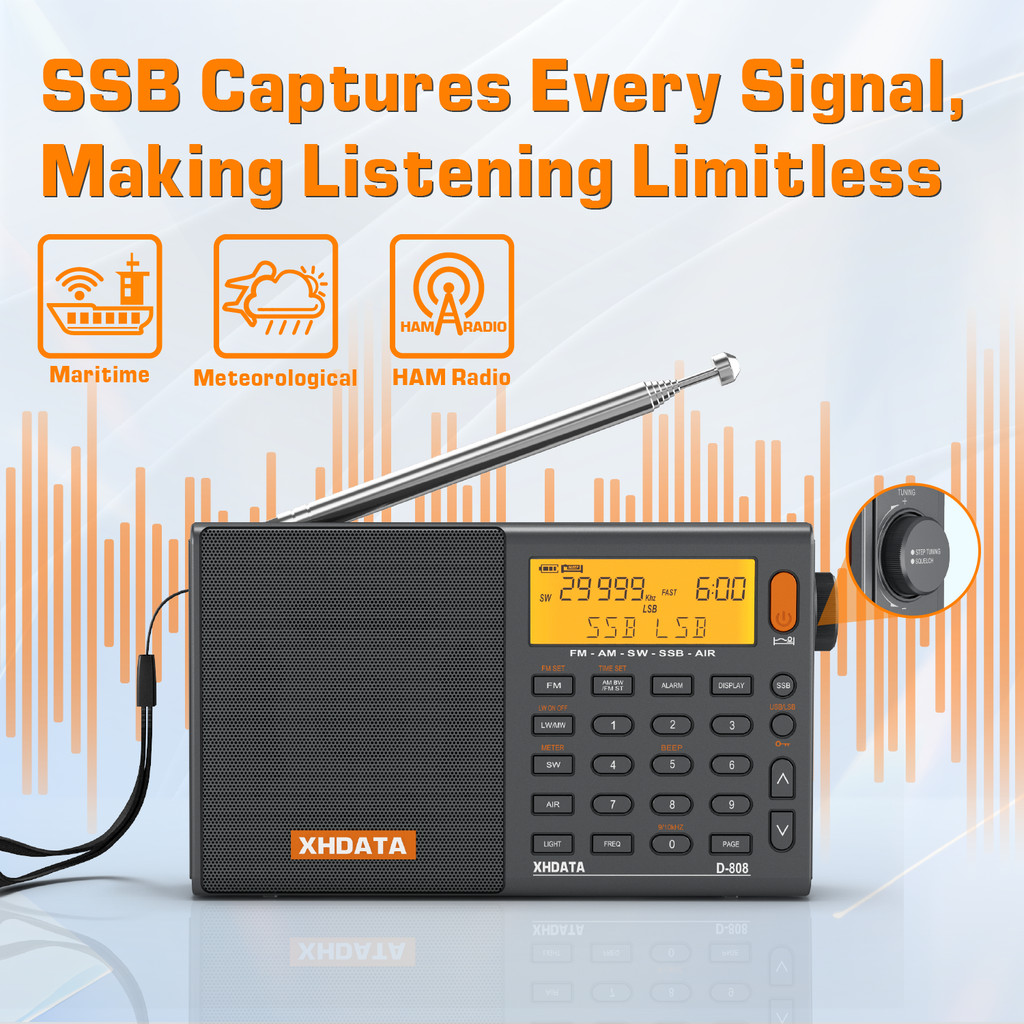 XHDATA D-808 Portable Radio AM/FM/SW/MW/LW SSB AIR RDS Radio Speaker with LCD Display Alarm Clock