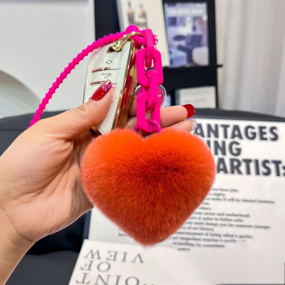 Cars Accessory Natural Fur Heart Charm Keychain Creative Soft Plush Toys Keychain Cute Silicone