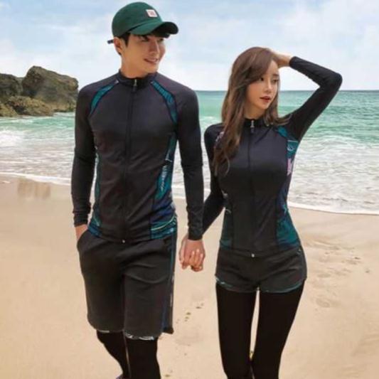 SUITNESS Pasangan Baju Renang Pria Lengan Panjang Slim Rashguard Wanita Berselancar Pantai Berpasir