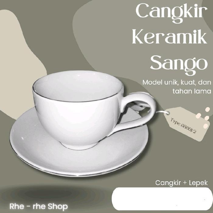 PROMO Cangkir Sango + Lepek, Warna putih dengan list gold/tanpa list, isi 12 pcs/set (6 lepek dan 6