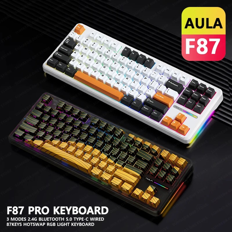AULA F87 Pro Mechanical Keyboard 87 PBT Plastic Keycaps Hotswap Multicolor Backlit Long Battery Life