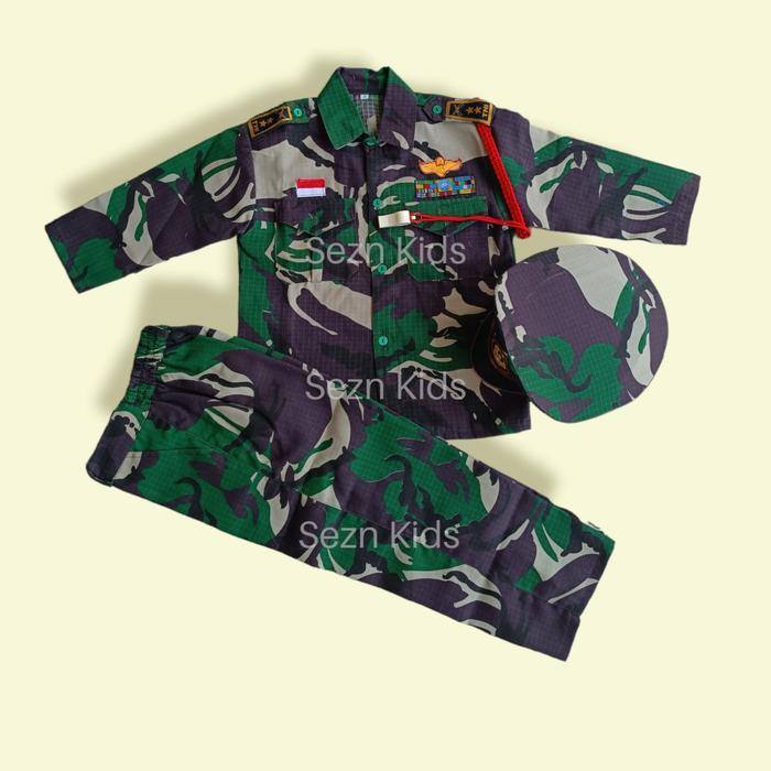 ORIGINAL Baju Anak TNI Doreng Carnaval Profesi TNI AD - Lengkap Dengan Bordir, Celana, Topi,