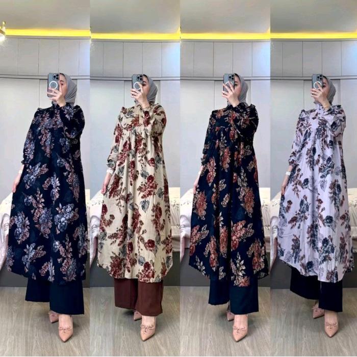 Premium Setelan Tunik One Set Long Tunik Satu Stel Baju Dan Celana Kulot Bahan Rayond Diamond Mix