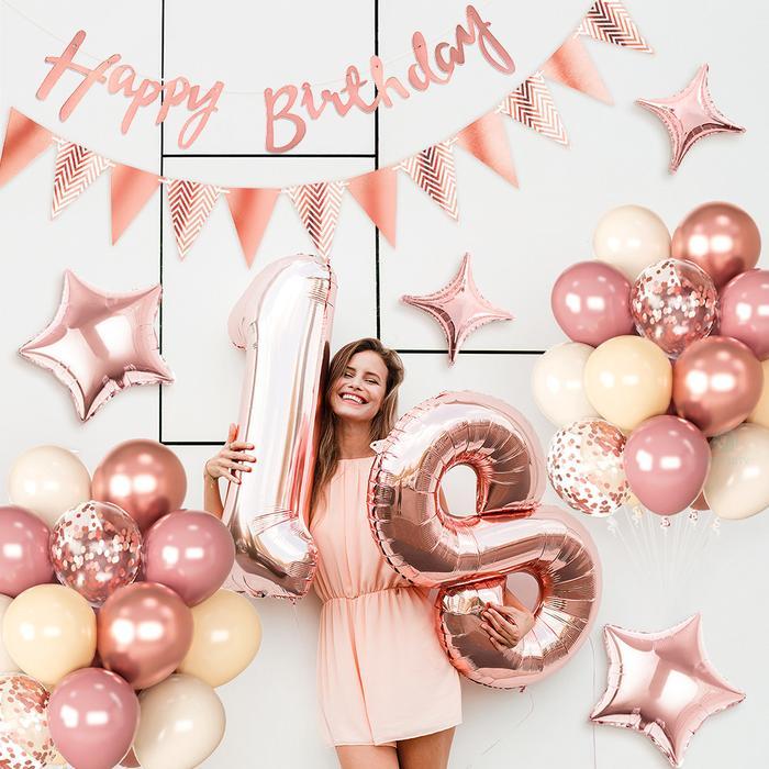 35 Pcs Balon Foil Bintang Mawar Merah Muda Emas Spanduk Set Untuk Dekorasi Pesta Ulang Tahun