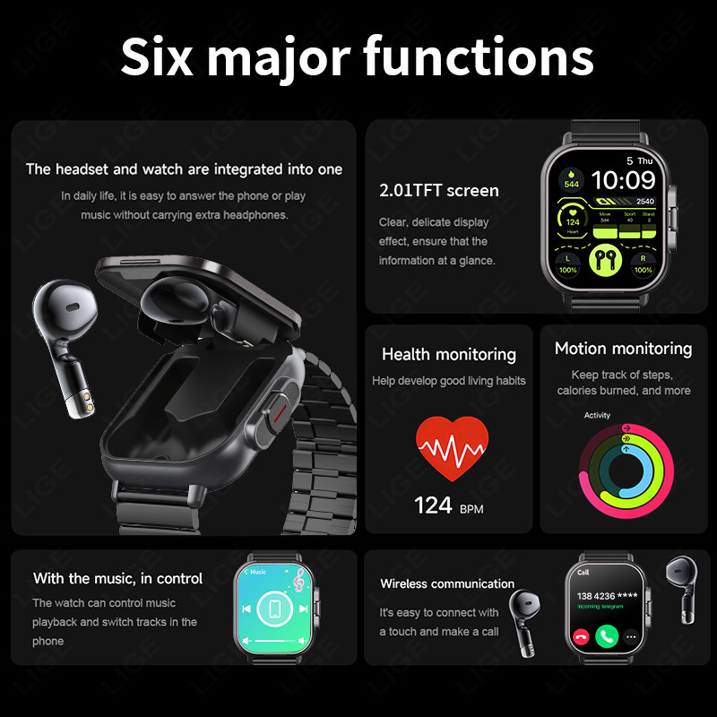 TWS 2 in 1 Smart Watch with Headphones Sports Watch Bluetooth Headset Call Watch Men Health Monitor