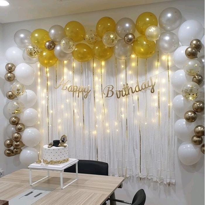 Paket Balon Happy Birthday Tema White-Gold/Paket Balon Ulang Tahun Tema Putih-Gold/Paket Balon Pesta