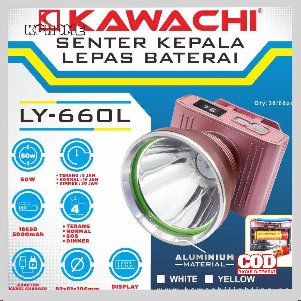Senter Kepala Kawachi 60Watt Baterai Lithium 5000mAh Dapat Dilepas LY-660L