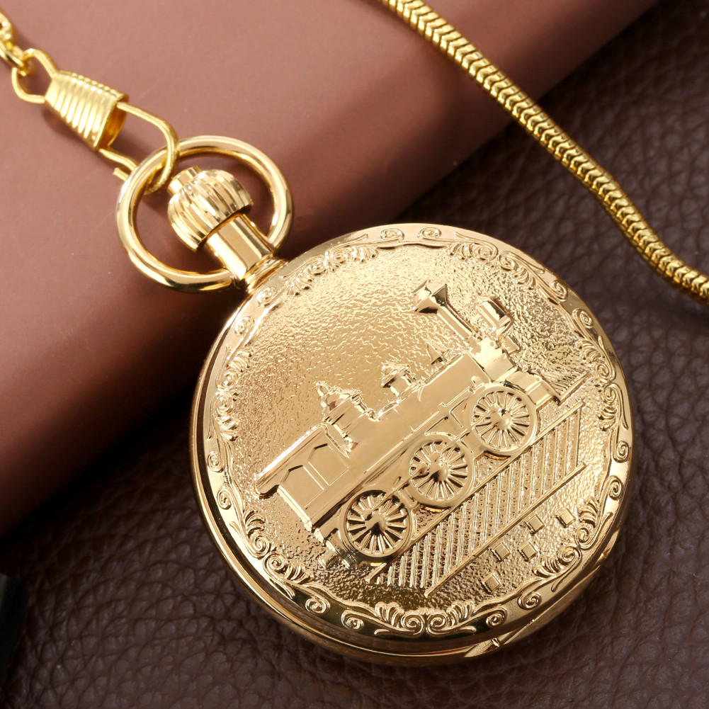 Old Fashion Steam Train Gold Copper Mechanical Pocket Watch Arabic Numerals Dial Luxury Retro