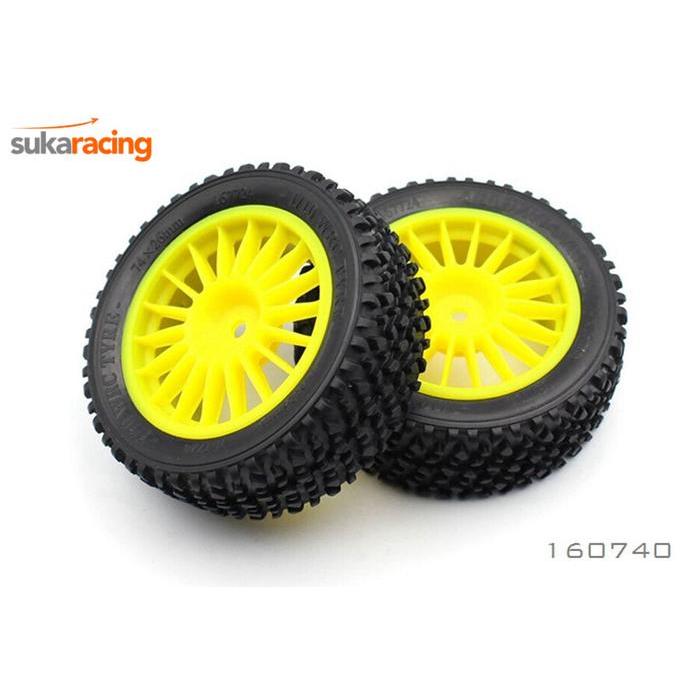 BRC 1/10 RALLY YELLOW REAR TYRE AND RIM (PREGLUED) 75X32MM (2)