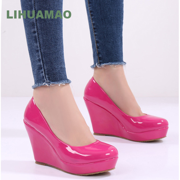 Customize your brand Patent Leather Pink Pump Shoes Espadrilles Wedges Platform Women High Heel