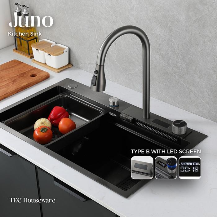 TecJuno Kitchen Sink Stainless Steel 304 Matte Grey Rainfall Set Wastafel Dapur Lengkap Tarik