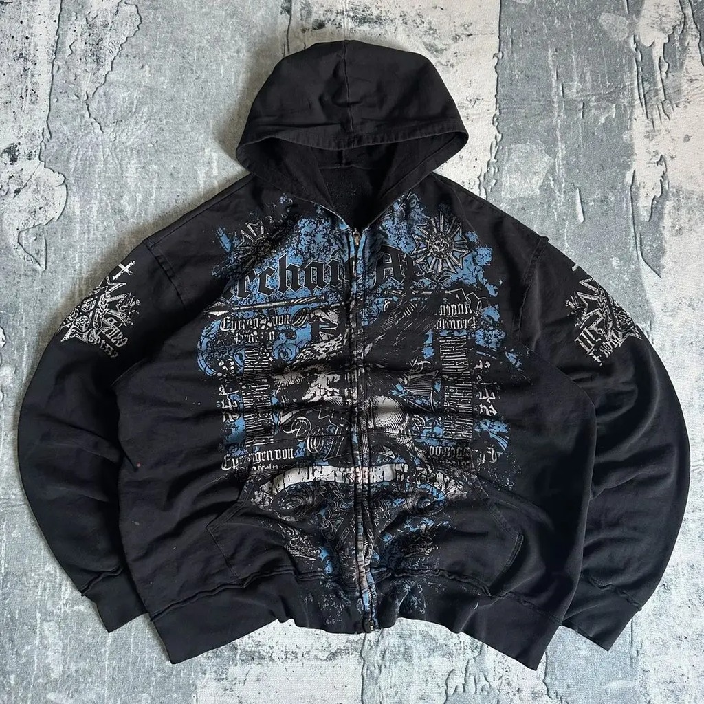 Affliction Gothic Hoodie Y2K New Retro Pattern Oversize Zipper Hoodie For Women Hip Hop Casual