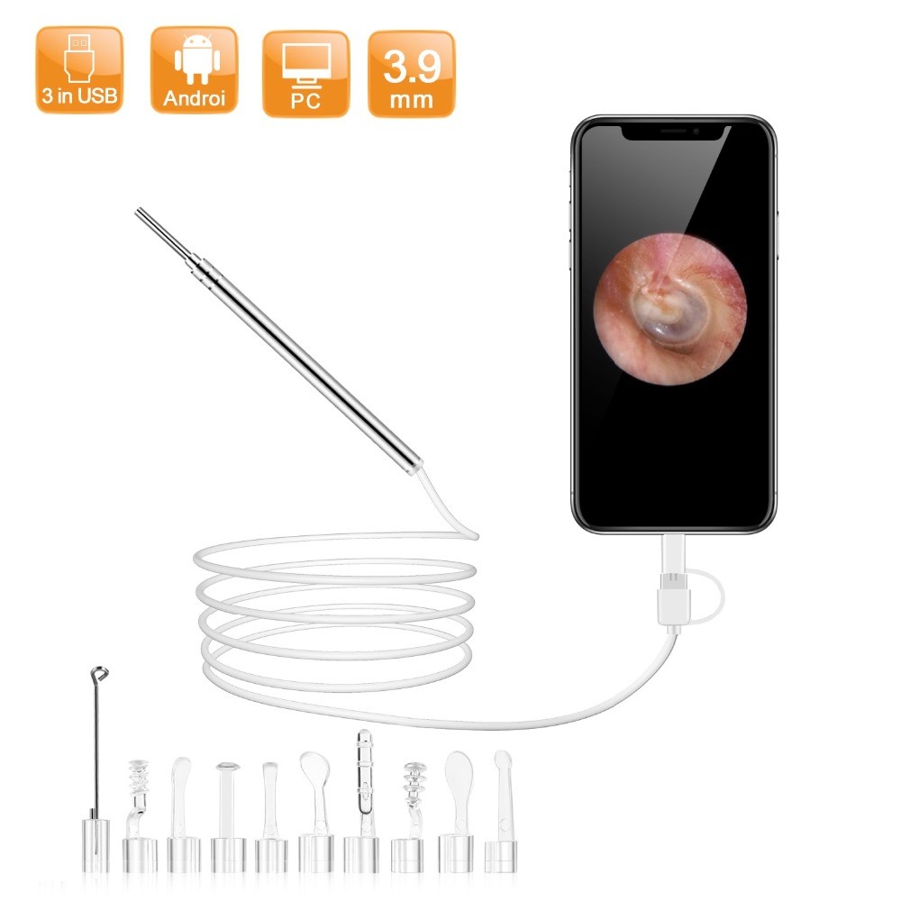 2MP 3.9mm EarPick Endoscope Camera Ear Wax Removal Otoscope Inspection Earscope Cleaner 3in1 USB Ear