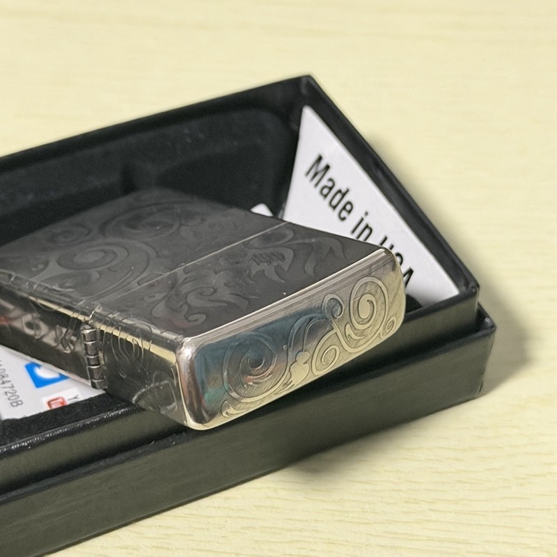 Zippo Lighter Silver Brass Intricate Dragon Cloud Swirl Engraving Windproof Collection in box