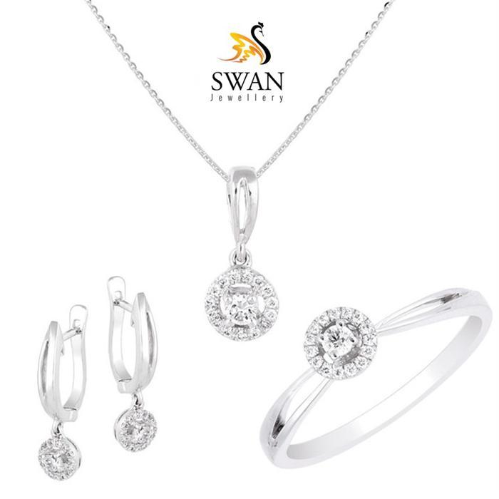 Set Perhiasan Berlian Emas Putih 18K Desain Bulat - Cincin