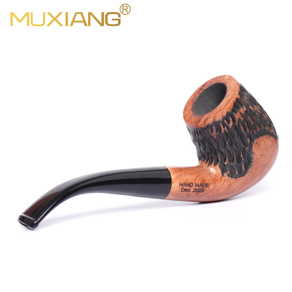 Muxiang Handmade Briar Wood Pipe - Retro Carved Texture Curved Stem Premium Solid Wood Tobacco Pipe