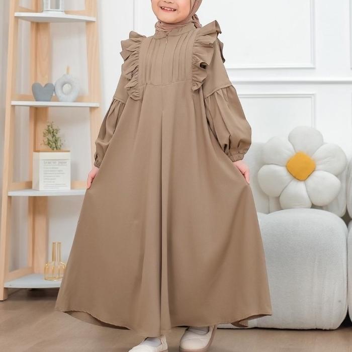 Farella Long Dress Gamis Anak Perempuan Bahan Crinkle flowy Lebaran Model Gamis Panjang Modis Nyaman