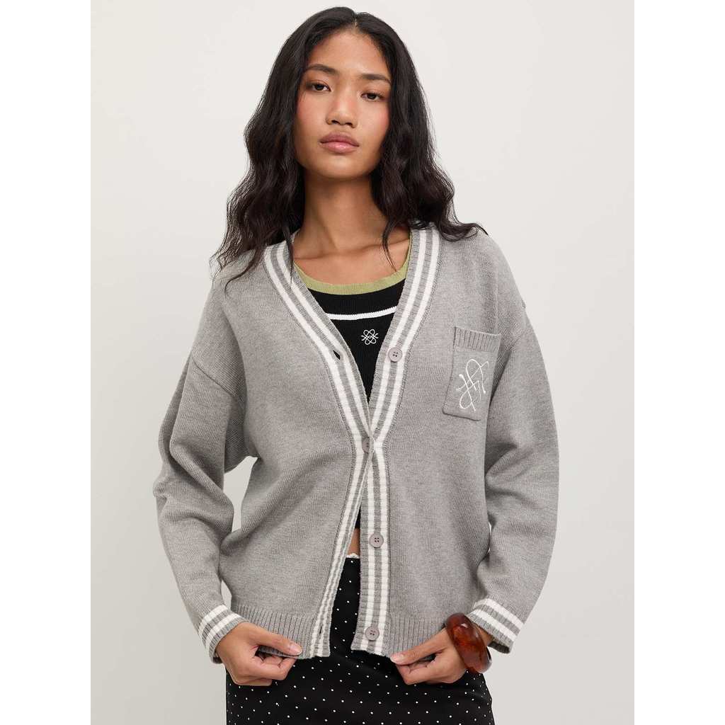 Pomelo - Cardigan Wanita - Oversized Stripe Trim Cardigan - Light Grey