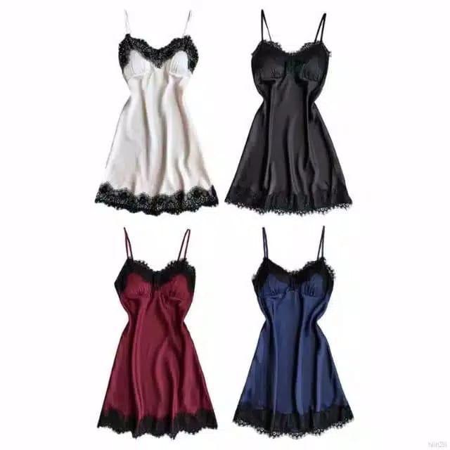 LINGERIE DRESS HITAM RENDA PREMIUM SATIN #10BR