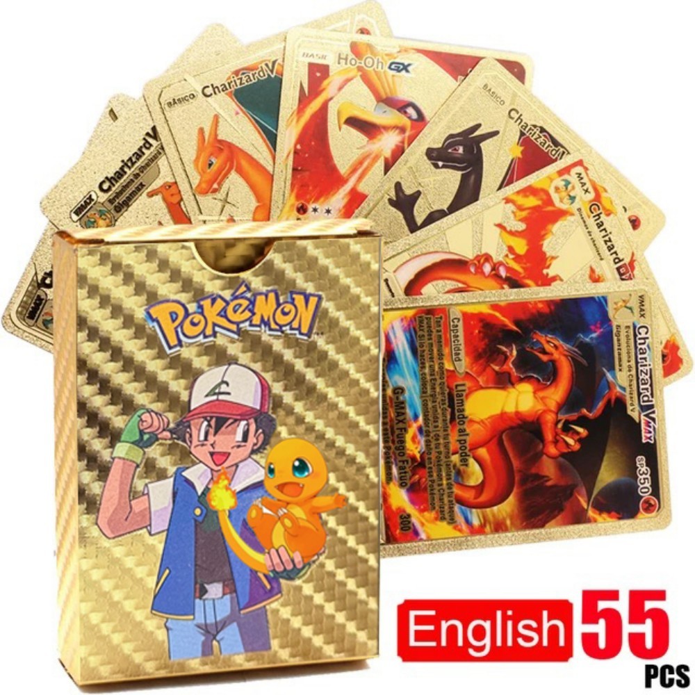 Pokemon Cards Metal Gold Black Vmax GX Card Box Mewtwo Charizard Pikachu Rare Collection Battle