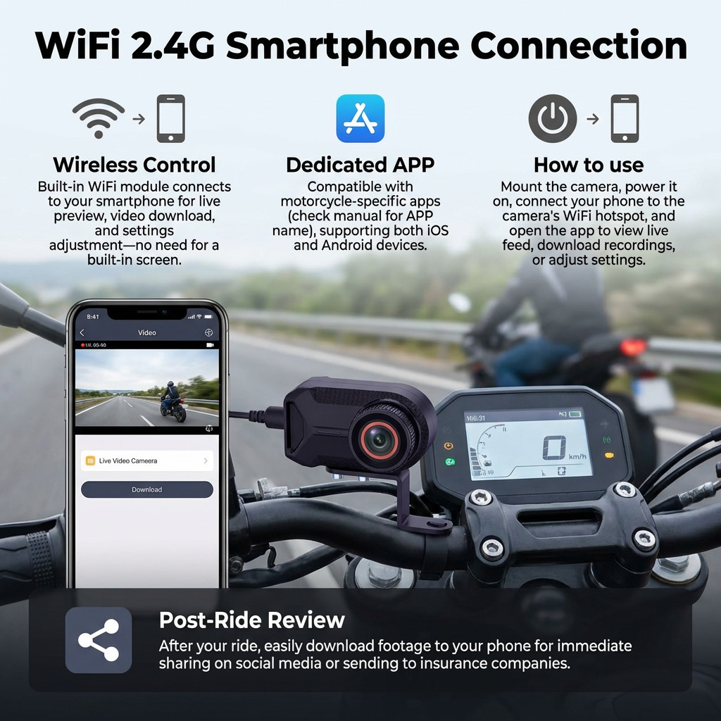 Motorcycle Dash Camera 2K 1440P HD No Screen Design Wi-Fi APP Video Download IP66 Waterproof Loop