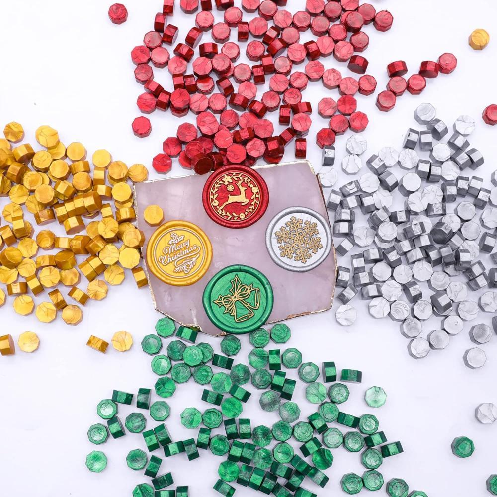 Red Gold Green Silver Mixed Sealing Wax Beads Kit Tealight Candles Wax Melting Spoon for DIY
