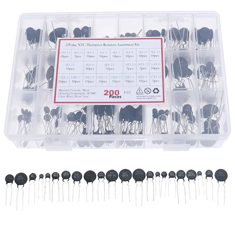 200Pcs 22Value NTC Thermistor Negative Temperature Coefficient Kit 5D-5D-8D-9 8D-15 10D-9 10D-11