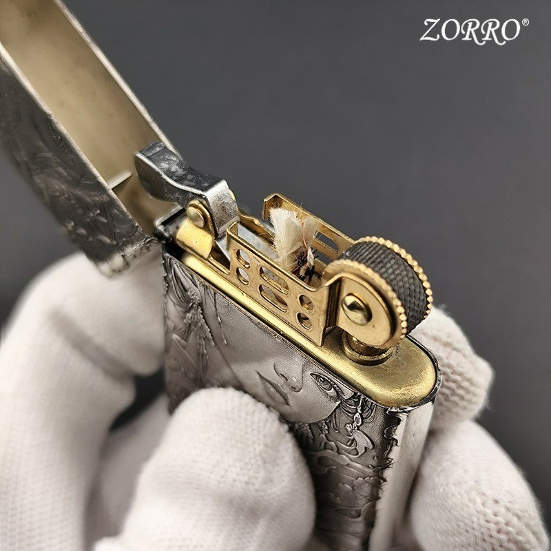 ZORRO 790 White Copper Relief Kerosen Lighters Smoking Third Generation Silver Shell Brass Gall,