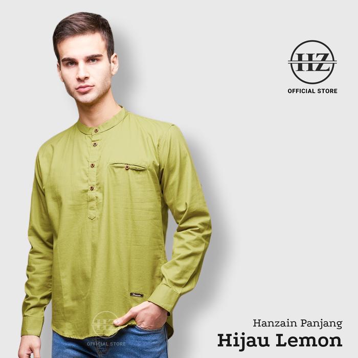 Kemeja Katun Koko Polos Lengan Panjang Hijau Lemon Lime Green Hanzain Kancing Kerah