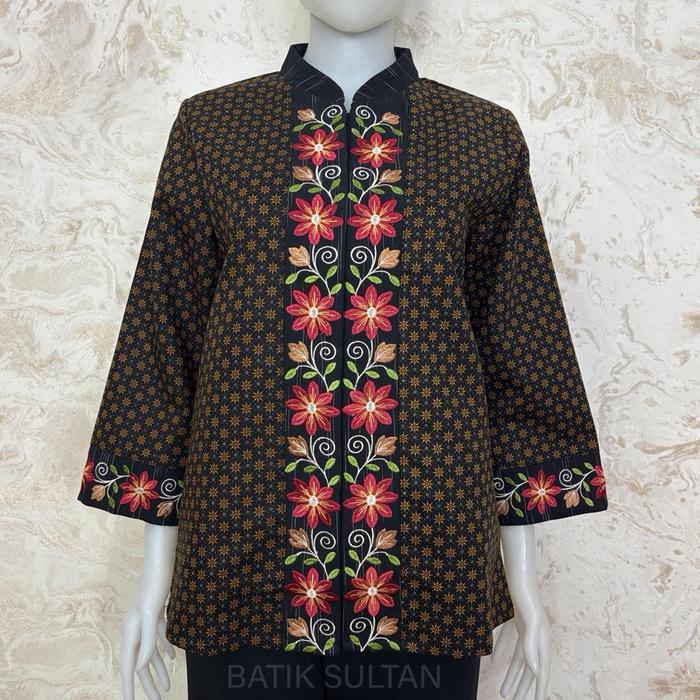 Blus Batik Bordir Wanita Lengan Panjang Katun Sogan Kombinasi Tenun Furing Tricot Waffle Hitam Cokla
