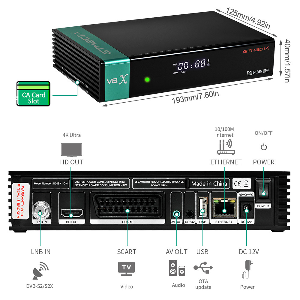 GTMedia V8X DVB S2X Satellite TV Receiver Support Full HD 1080P HEVC MARS CA Card Built in WIFI