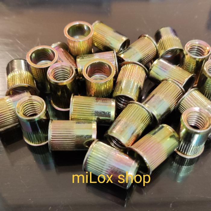Rivet Nut M8 Besi Kuning Bibir Tipis isi 100 pcs