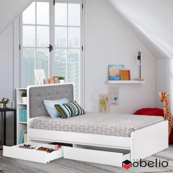 MOBELIO - Ranjang Dipan Tempat Tidur 160 x 200 dan 180 x 200 dengan 2 Laci dan Rak Minimalis Putih -