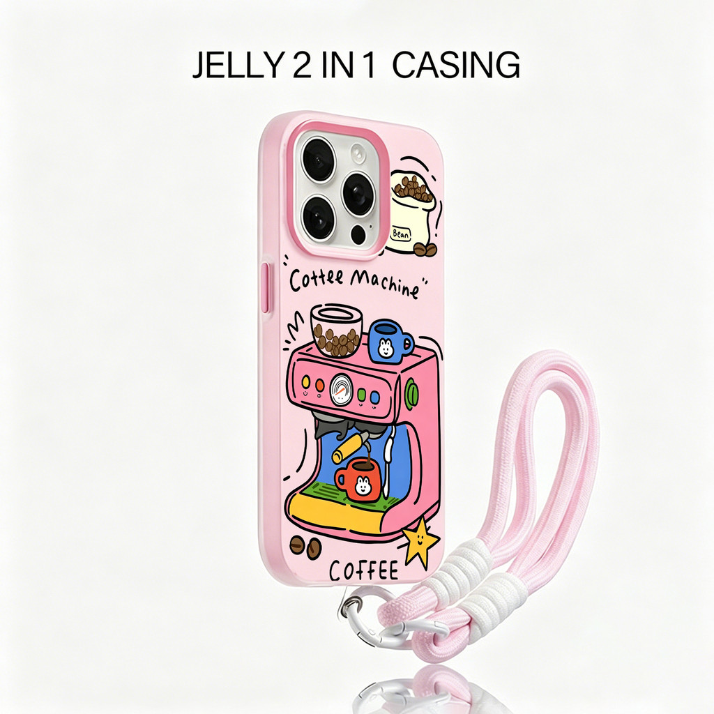 Unique 2 In 1  Motif Mesin Kopi Lucu Aesthetic Case Hp Iphone 17 Pro Max 15 Pro Max13 11 15 14 12 Pr