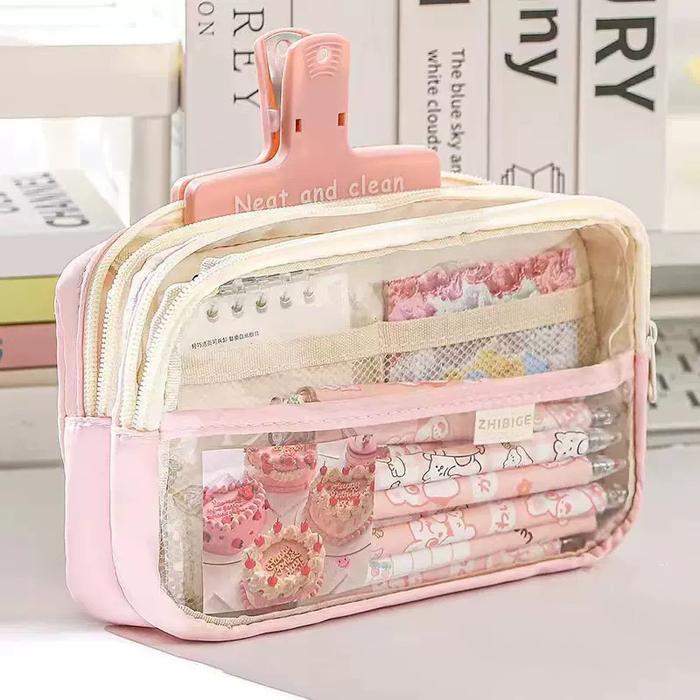 "New" Tempat Pensil Aesthetic Transparan kotak Pensil Kanvas Cute Pensil Case Muat Banyak Korear