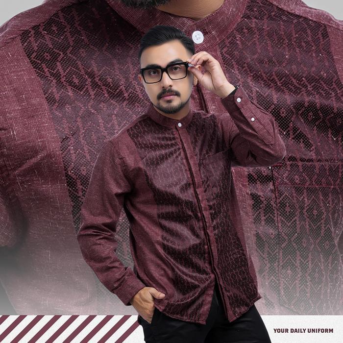 DGM Baju Koko Pria Bordir Lengan Panjang Premium Merah Mahogany Belah Ketupat Vertical Baju Koko