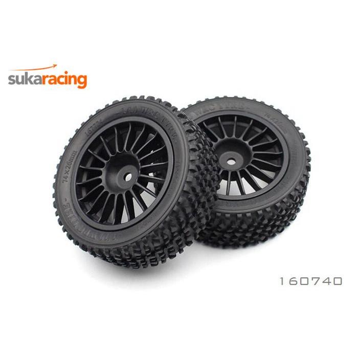 BRC 1/10 RALLY BLACK FRONT TYRE AND RIM (PREGLUED) 75X26MM (2)